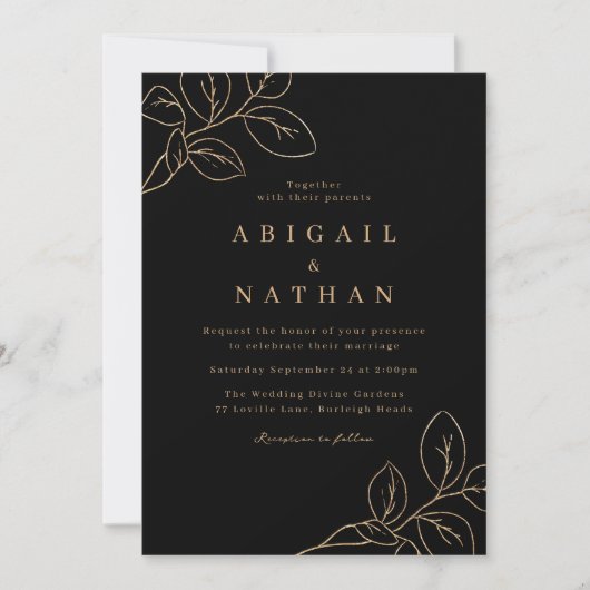 Elegante Gold Leaf & Black Modern Wedding Kaart (Voorkant)