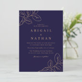 Elegante Gold Leaf & Navy Blue Wedding Kaart (Staand voorkant)
