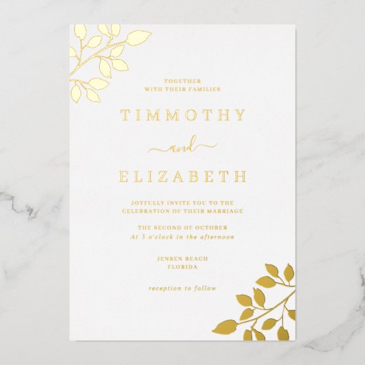 Elegante Gold Leaf Wedding Folie Uitnodiging (Voorkant)