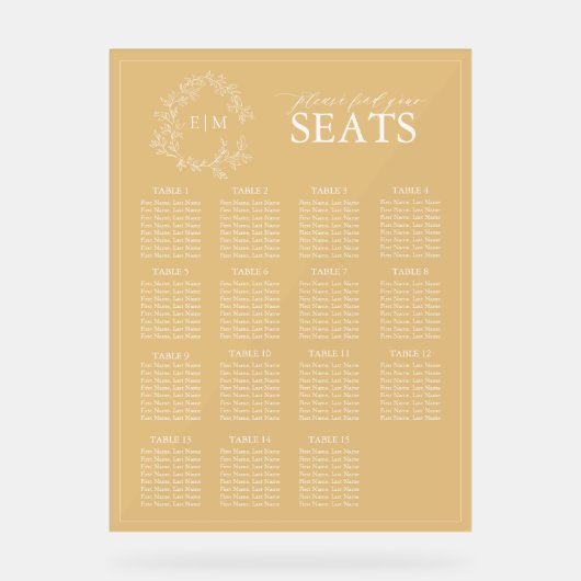 Elegante Gold Leafy Crest Monogram Trouwstoelen Acryl Bord (Voorkant)