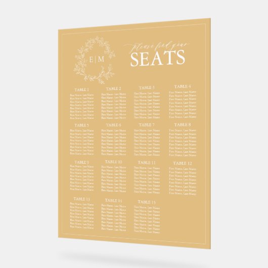 Elegante Gold Leafy Crest Monogram Trouwstoelen Acryl Bord (Hoek)