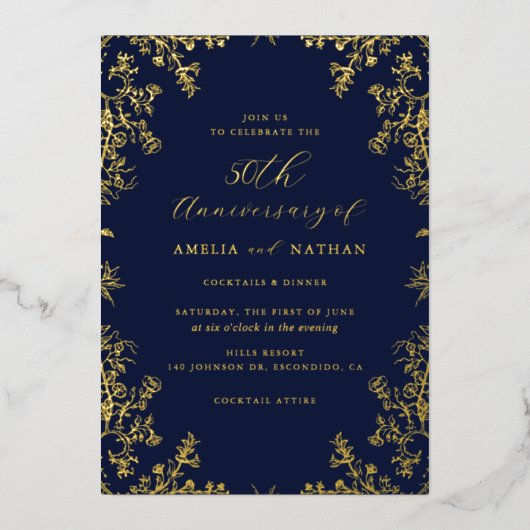 Elegante  Gold Navy 50e Jubileum Party Folie Uitnodiging (Voorkant)