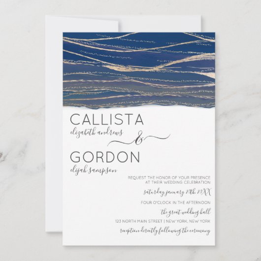 Elegante Gold Navy Blue Veined Waterverf bruiloft Kaart (Voorkant)