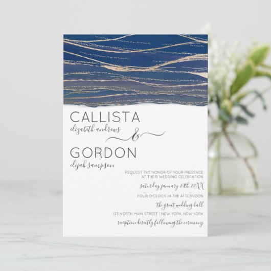 Elegante Gold Navy Blue Veined Waterverf bruiloft Kaart (Staand voorkant)