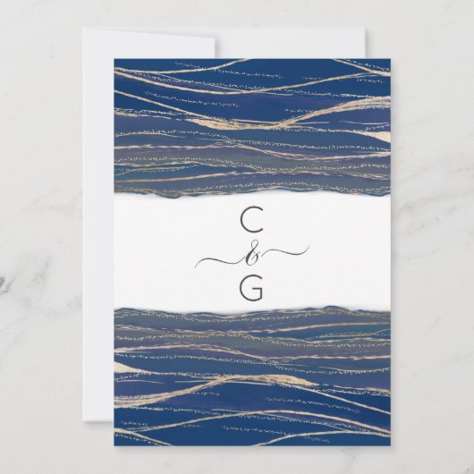 Elegante Gold Navy Blue Veined Waterverf bruiloft Kaart (Achterkant)