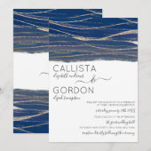 Elegante Gold Navy Blue Veined Waterverf bruiloft Kaart (Voorkant / Achterkant)