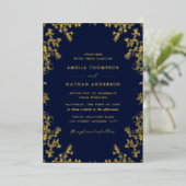 Elegante  Gold Navy bruiloft Folie Uitnodiging (Staand Voorkant)