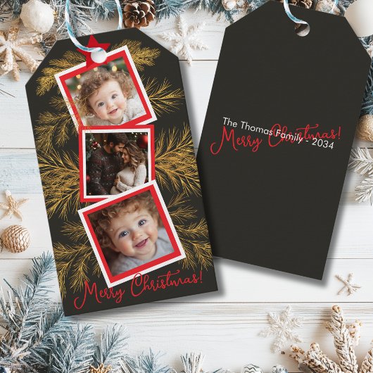 Elegante Gold Pine Vakantie Fotocollage Cadeaulabel