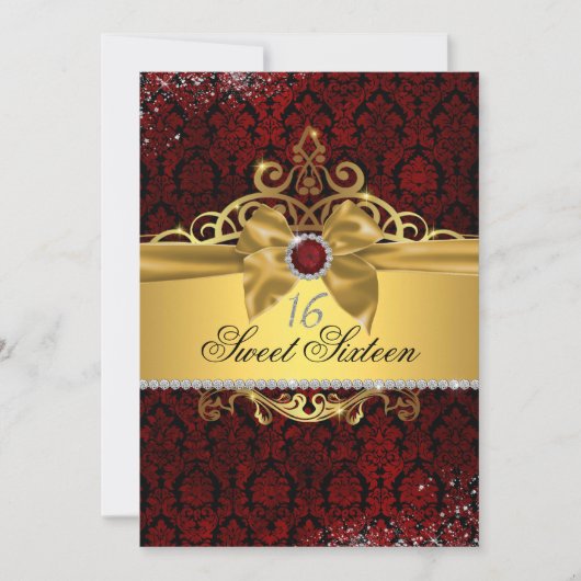 Elegante Gold Ruby Red Damask Sweet Sixteen Uitnod Kaart (Voorkant)