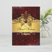 Elegante Gold Ruby Red Damask Sweet Sixteen Uitnod Kaart (Staand voorkant)