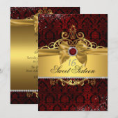 Elegante Gold Ruby Red Damask Sweet Sixteen Uitnod Kaart (Voorkant / Achterkant)