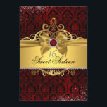 Elegante Gold Ruby Red Damask Sweet Sixteen Uitnod Kaart<br><div class="desc">Elegant rood juweel en damast met sprankelende gouden tiara en boog. Meer kleuren beschikbaar in de kleine bayleigh winkel.</div>