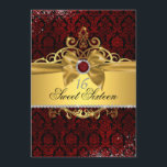 Elegante Gold Ruby Red Damask Sweet Sixteen Uitnod Kaart<br><div class="desc">Elegant rood juweel en damast met sprankelende gouden tiara en boog. Meer kleuren beschikbaar in de kleine bayleigh winkel.</div>