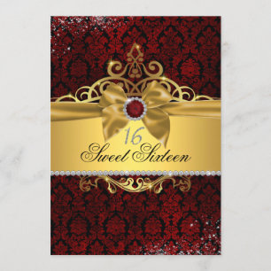 Elegante Gold Ruby Red Damask Sweet Sixteen Uitnod Kaart