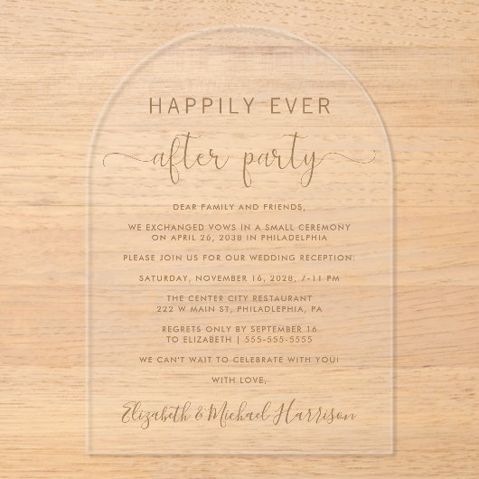 Elegante Gold Script Arch bruiloft receptie Acryl Uitnodigingen (Voorkant)