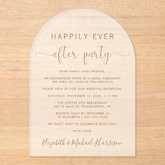 Elegante Gold Script Arch Wedding Receptie Frosted Acryl Uitnodigingen (Voorkant)