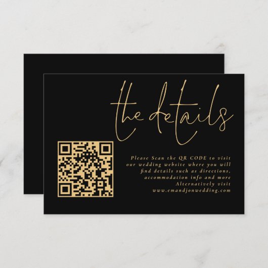 Elegante Gold Script Black QR Code Wedding Details Informatiekaartje (Voorkant / Achterkant)