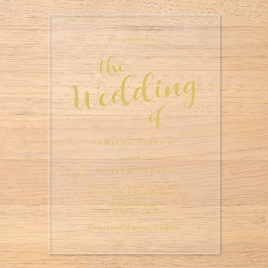 Elegante Gold Script Calligrafie Minimale bruiloft Acryl Uitnodigingen (Voorkant)