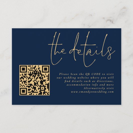 Elegante Gold Script Navy QR Code Wedding Details Informatiekaartje (Voorkant)