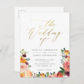 Elegante Gold Script Waterverf Bloemenbruiloft Uitnodiging Briefkaart (Voorkant / Achterkant)