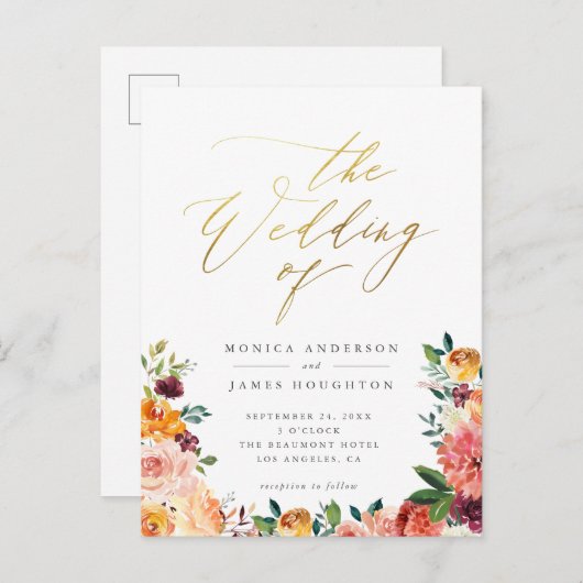 Elegante Gold Script Waterverf Bloemenbruiloft Uitnodiging Briefkaart (Voorkant / Achterkant)