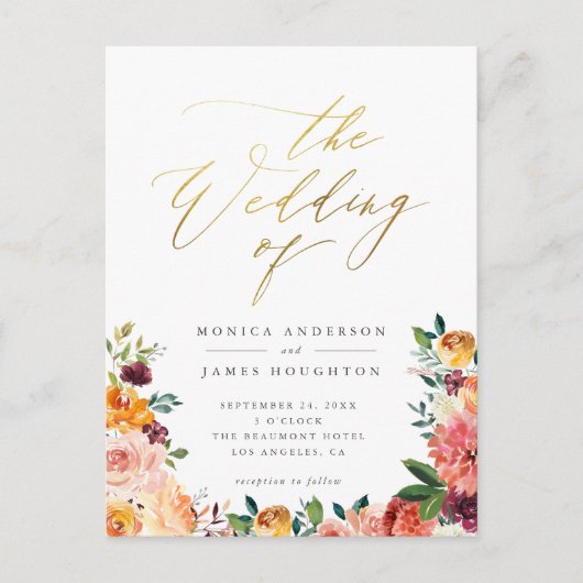 Elegante Gold Script Waterverf Bloemenbruiloft Uitnodiging Briefkaart (Voorkant)