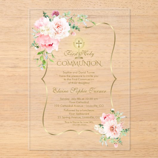 Elegante Gold Spring Blush Bloemen Heilige Communi Acryl Uitnodigingen (Voorkant)