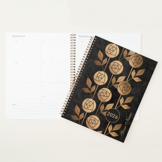 Elegante Golden Art Deco Rozen op zwarte achtergro Planner (Display)