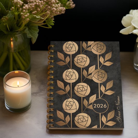 Elegante Golden Art Deco Rozen op zwarte achtergro Planner
