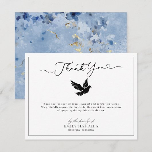 Elegante Golden Blue Floral begrafenis bedankkaart (Voorkant / Achterkant)