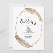 Elegante Golden Boho Feather bruiloft uitnodiging (Voorkant)