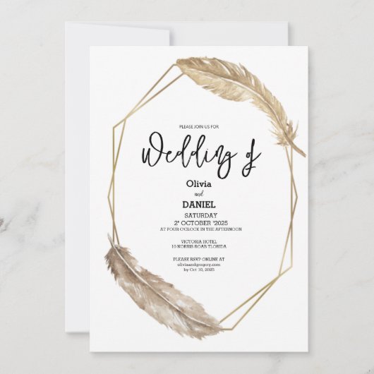 Elegante Golden Boho Feather bruiloft uitnodiging (Voorkant)