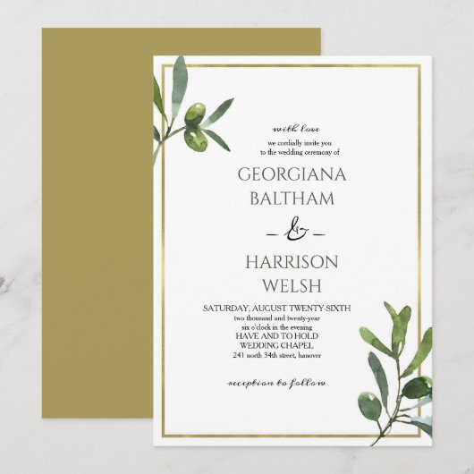 Elegante Golden Lijst & Olive Leaves Wedding Kaart (Voorkant / Achterkant)