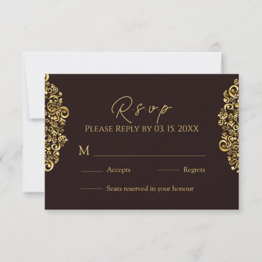 Elegante Golden Maroon Damask RSVP Kaartje (Voorkant)