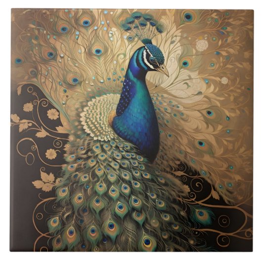 Elegante Golden Peacock Bird Tegeltje (Voorkant)