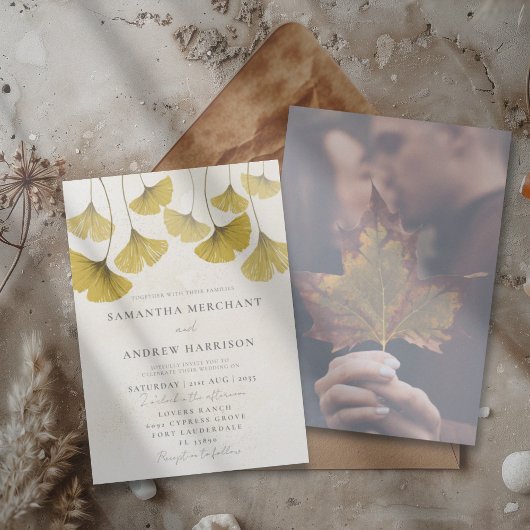 Elegante Golden Waterverf Ginkgo leaf Wedding Kaart