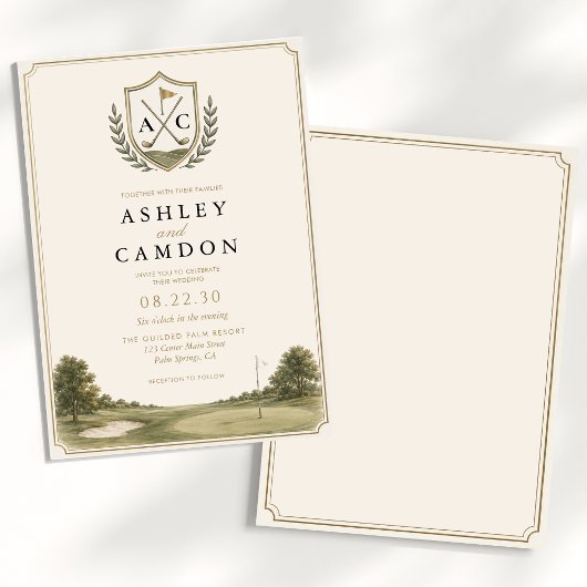 Elegante Golf Crest Monogram Huwelijk Kaart