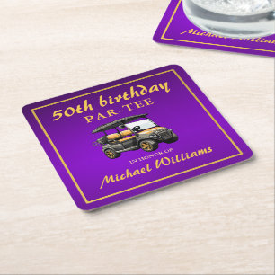 Elegante Golf Thema Kar Purper Goud 50ste Verjaard Kartonnen Onderzetters