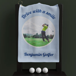 Elegante Golfer Fotonaam Blauwe Golf Handdoek