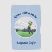 Elegante Golfer Fotonaam Blauwe Golf Handdoek (Voorkant)