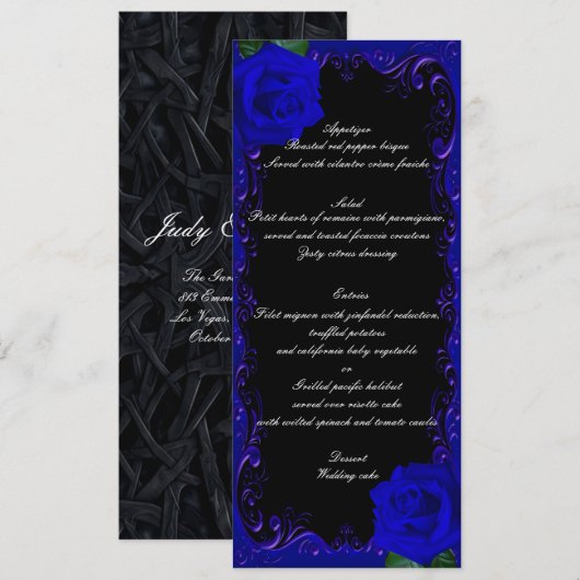 Elegante Goth Blue Rozen Trouwmenu Menu (Voorkant / Achterkant)