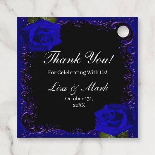 Elegante Gothic Blauwe Rozen Bedankjes Labels (Achterkant)