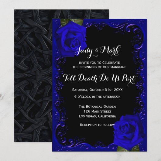 Elegante Gothic Blauwe Rozen bruiloft Kaart (Voorkant / Achterkant)