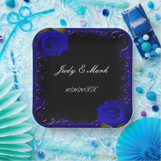 Elegante Gothic Blauwe Rozen Papieren Bordje (Feest)