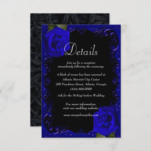 Elegante Gothic Blauwe Rozen Wedding Details Kaart (Voorkant / Achterkant)
