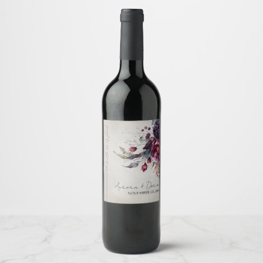 Elegante Gothic Bloemen Waterverf Bruiloft Wijn La Wijn Etiket (Voorkant)