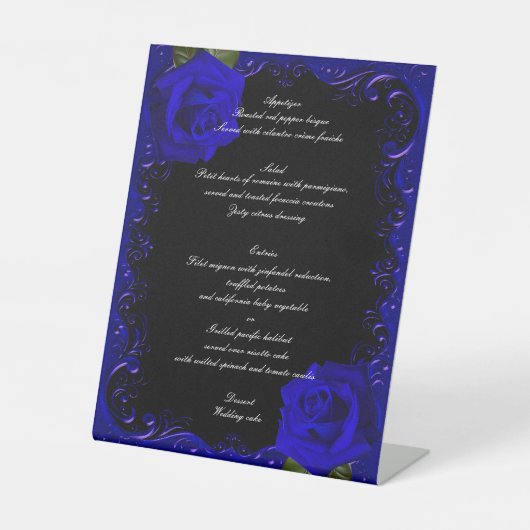 Elegante Gothic Blue Rozen Wedding Menu Reclamebord Met Voetstuk (Voorkant)