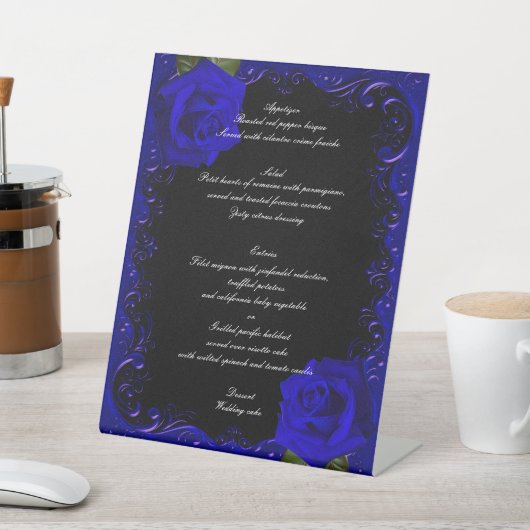 Elegante Gothic Blue Rozen Wedding Menu Reclamebord Met Voetstuk (Insitu)