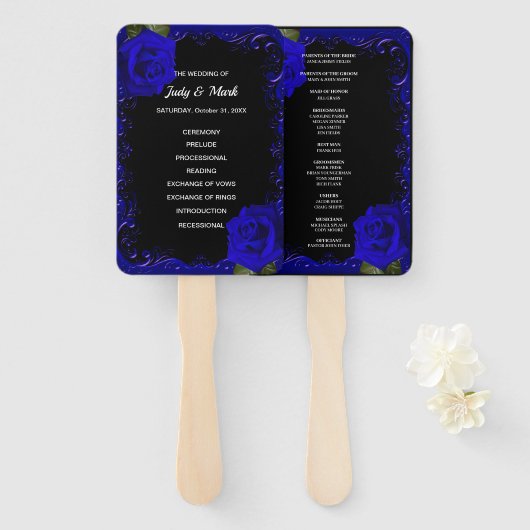 Elegante Gothic Blue Rozen Wedding Program Fans Handwaaier (Voorkant en achterkant)