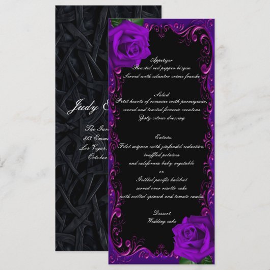Elegante Gothic Paarse Rozen Wedding Menu (Voorkant / Achterkant)